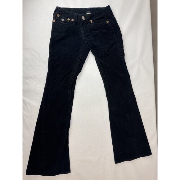 VTG True Religion Joey Big T Corduroy Pants RARE Low Rise Flare Black Y2K USA 27 - Picture 1 of 13